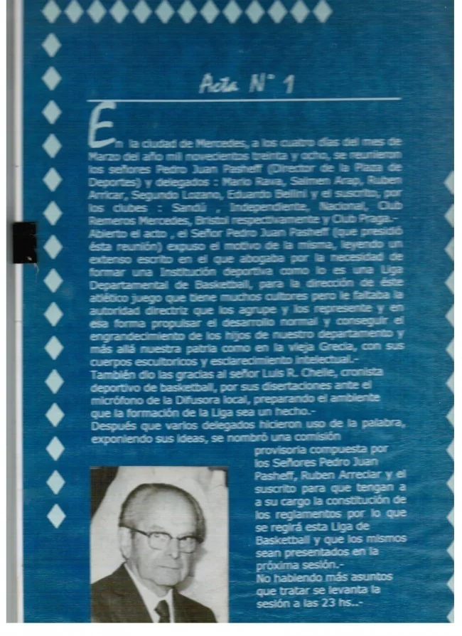 Acta N.º 1 de la Liga Departamental de Básquetbol de Soriano, 4 de marzo de 1938, con la foto de Pedro Juan Pasheff